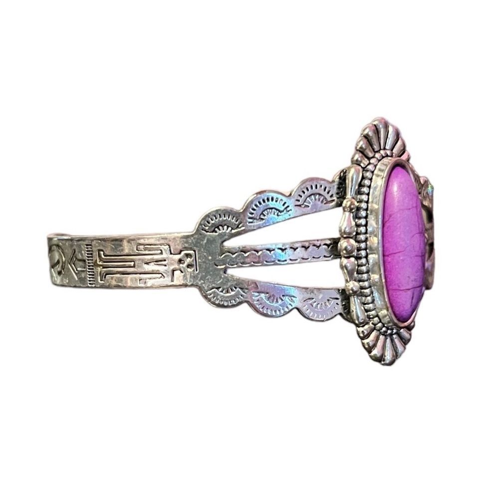 Native Style Purple Stone Silver Tone Bangle - Picture 3 of 5